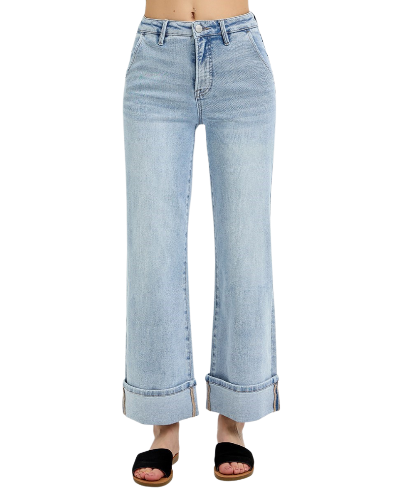 Light blue wide-leg jeans on a white background