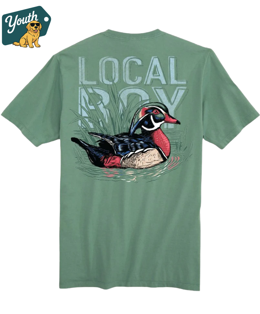 Youth Local Boy Green t-shirt with a duck graphic and 'Local Boy' text on a white background