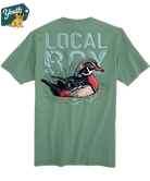 Youth Local Boy Green t-shirt with a duck graphic and 'Local Boy' text on a white background
