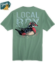 Youth Local Boy Green t-shirt with a duck graphic and 'Local Boy' text on a white background
