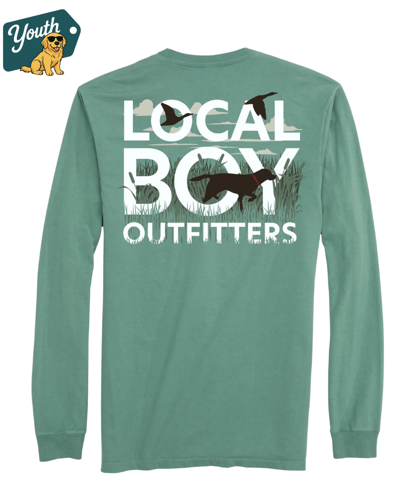 YOUTH Green long-sleeve shirt with 'Local Boy Outfitters' text and graphics on a white background