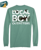 YOUTH Green long-sleeve shirt with 'Local Boy Outfitters' text and graphics on a white background