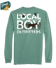 YOUTH Green long-sleeve shirt with 'Local Boy Outfitters' text and graphics on a white background