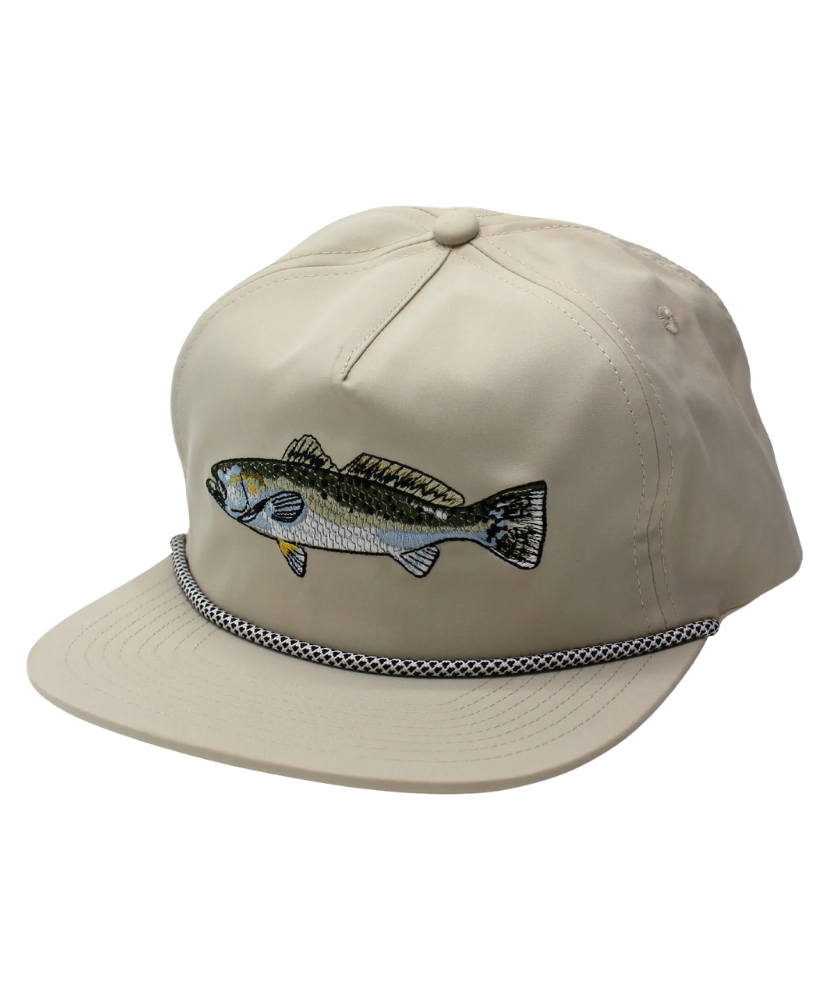 Beige cap with fish embroidery on a white background