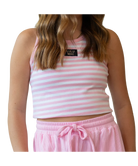 Person wearing a pink and white striped LULU MAC tank top with a visible brand logo on a white background