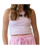 Person wearing a pink and white striped LULU MAC tank top with a visible brand logo on a white background