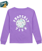Girll's purple long-sleeve shirt with 'Properly Tied' graphic and disco ball design on a white background.