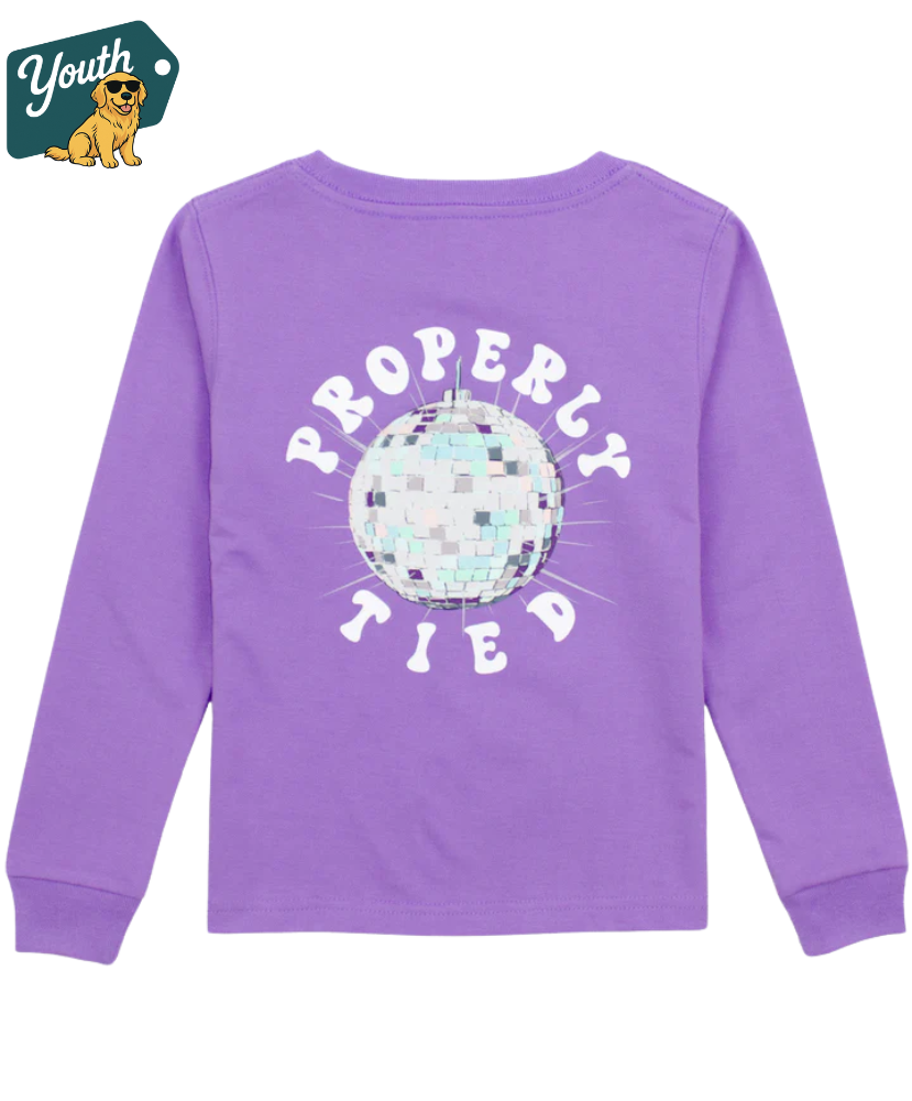 Girll's purple long-sleeve shirt with 'Properly Tied' graphic and disco ball design on a white background.
