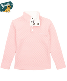 Youth Girl's Pink quilted jacket made by Properly Tied with a white collar on a white background, featuring a 'Youth' logo with a dog graphic.