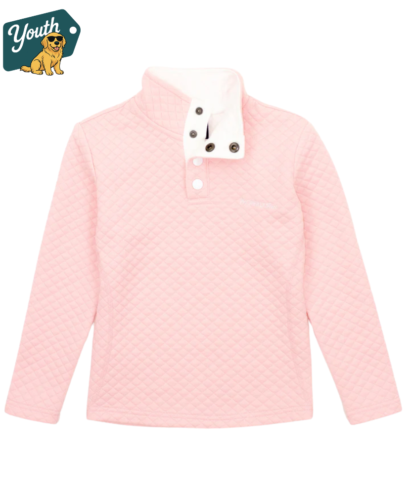 Youth Girl's Pink quilted jacket made by Properly Tied with a white collar on a white background, featuring a 'Youth' logo with a dog graphic.