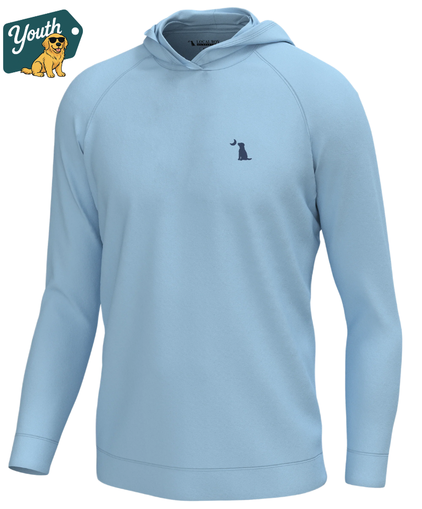 A light blue long-sleeve hoodie sweatshirt with a small dark navy dog silhouette logo on the left chest, displayed on a clean white background with a 'Youth' brand tag graphic in the top-left corner.