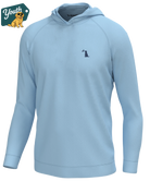 A light blue long-sleeve hoodie sweatshirt with a small dark navy dog silhouette logo on the left chest, displayed on a clean white background with a 'Youth' brand tag graphic in the top-left corner.