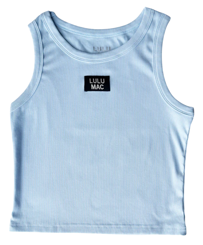 Light blue tank top with a black label on a white background