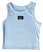 Light blue tank top with a black label on a white background