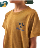 Light Brown heather t-shirt with blue bird and 'Burlebo' design, worn by a person, with 'Youth' logo in the corner.