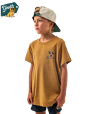 Child wearing a light brown t-shirt with a Burlebo logo and text, standing against a white background.