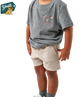 Child wearing a gray t-shirt with 'Burlesco' logo and beige shorts on a white background.