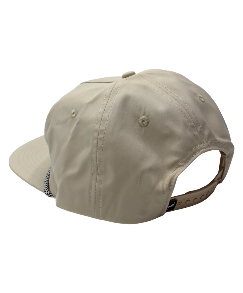 Beige cap with a zipper on the back against a white background