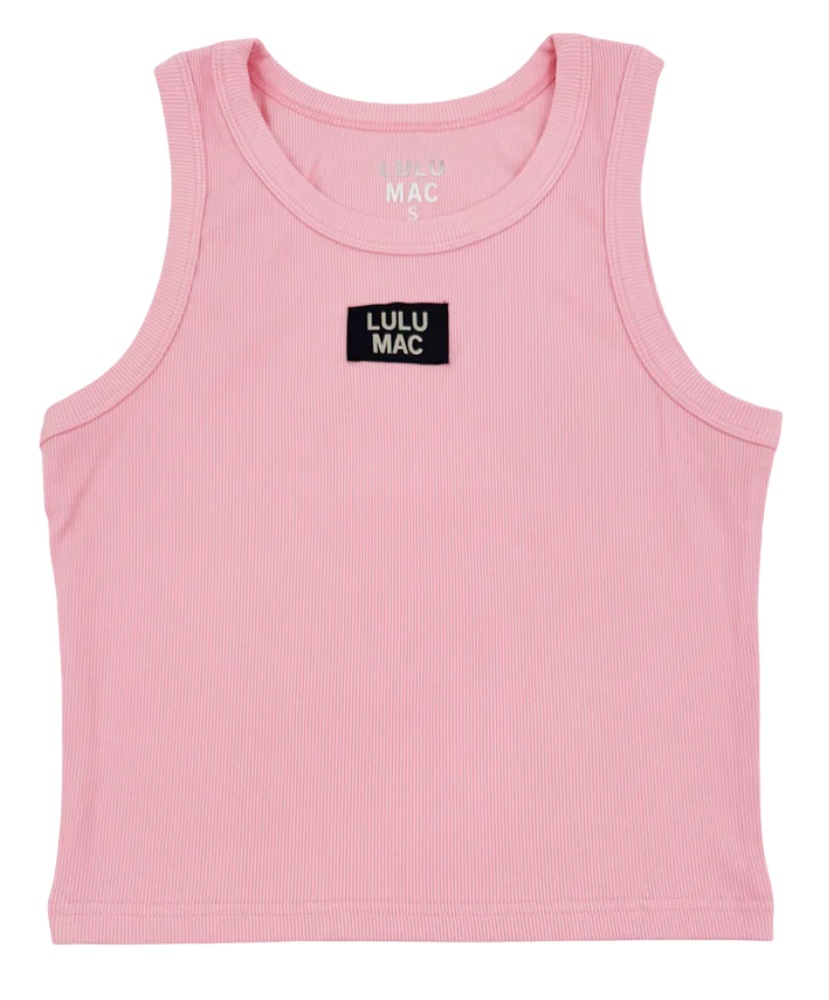 Pink tank top with Lulu Mac logo on a white background
