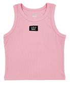 Pink tank top with Lulu Mac logo on a white background