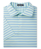 Folded blue and TEAL striped polo shirt with Southern Marsh label on a white background