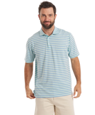 Man wearing a LIME and TEAL striped polo shirt on a white background