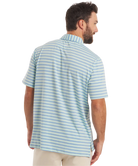 Man wearing a blue and white striped shirt on a white background