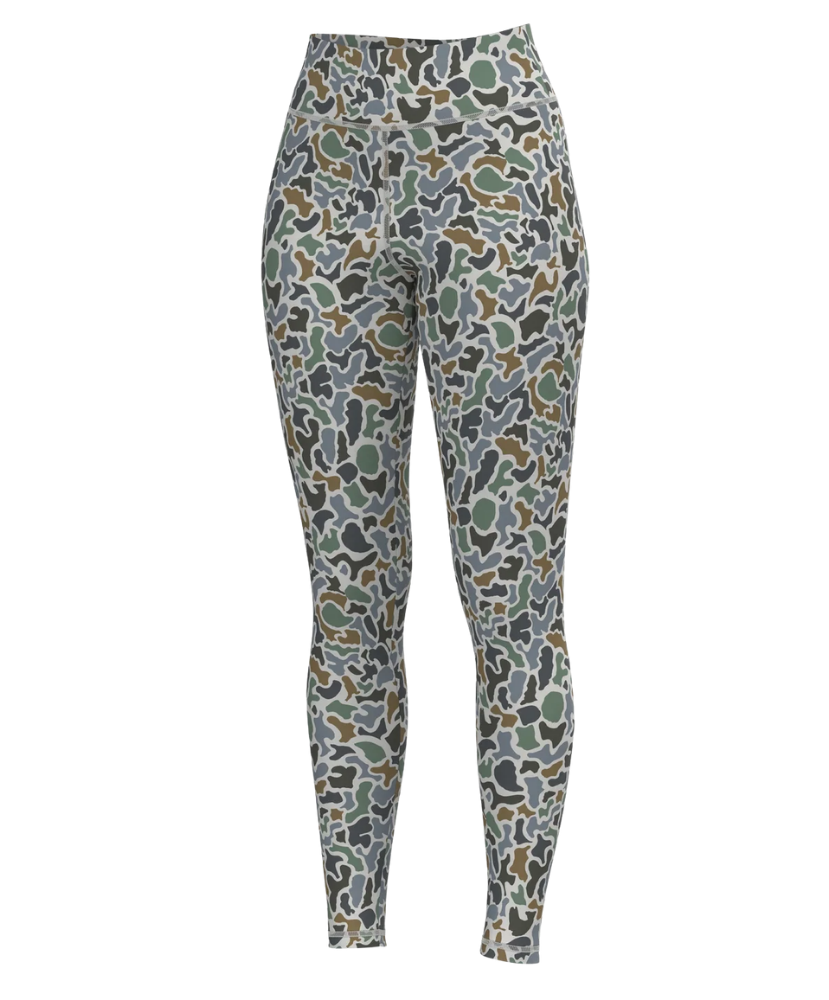 High-waisted leggings with an all-over camouflage pattern in olive green, brown, gray, and white, shown on a plain white background.