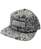 A flat-brim baseball cap with a gray, brown, and beige camouflage pattern, featuring a front patch that reads 'Local Boy OUTFITTERS'.