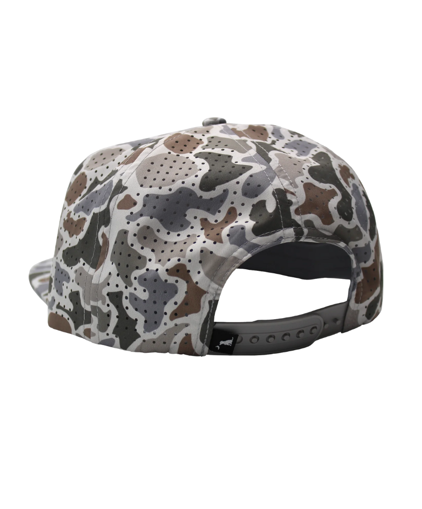 Local boy branded camo perforated performance rope hat.