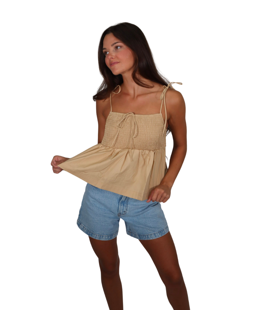 Smocked Bodice Tie Shoulder Poplin Top