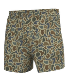 A pair of men's shorts featuring a classic camouflage pattern in shades of olive green, brown, tan, and dark gray, displayed against a solid white background.