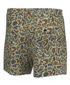 A pair of men's shorts featuring a classic camouflage pattern in shades of green, brown, beige, and gray. The back view shows a button closure on the back pocket and a side pocket on the right leg.
