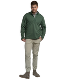 Green quarter zip pullover with a plaid shirt underneath on a white background