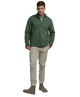 Green quarter zip pullover with a plaid shirt underneath on a white background