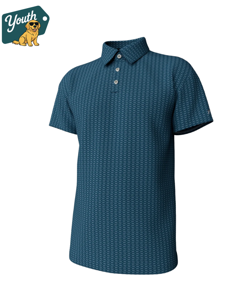 Blue patterned polo shirt on a white background with 'Youth' logo.