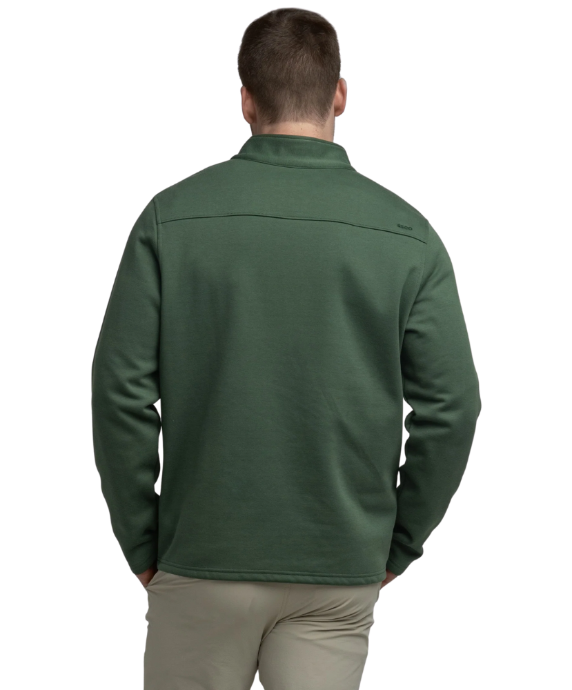 Green pullover with a plaid shirt underneath on a white background