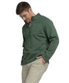 Green quarter zip pullover with a plaid shirt underneath on a white background
