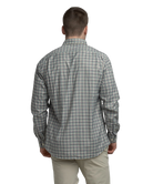 Man wearing a plaid shirt from behind on a white background