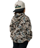A child shown from the back wearing a camouflage hoodie and a beige and black trucker hat with 'DURLEBO' and a duck logo.
