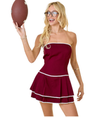Woman in a red dress holding a football on a white background