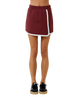 Maroon athletic skirt with white stripe worn by a person on a white background