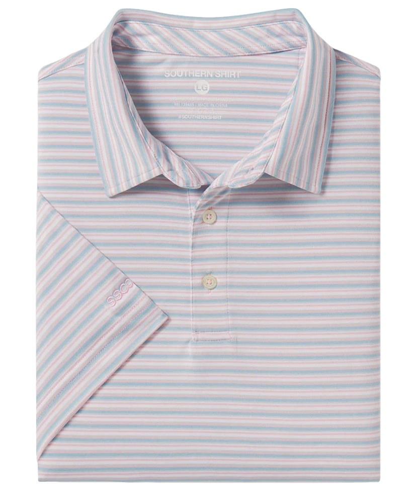 Folded light blue and white striped polo shirt on a white background