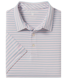 Folded light blue and white striped polo shirt on a white background