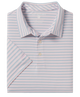 Folded light blue and white striped polo shirt on a white background