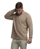 Man wearing a light brown long-sleeve quarter-zip pullover on a white background