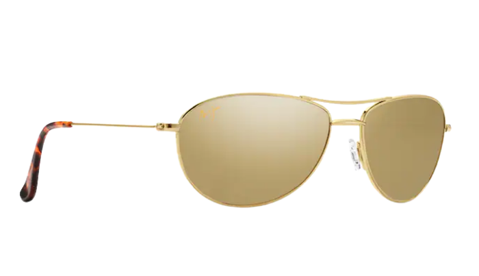 Gold aviator Maui Jim polarized sunglasses with reflective lenses on a white background