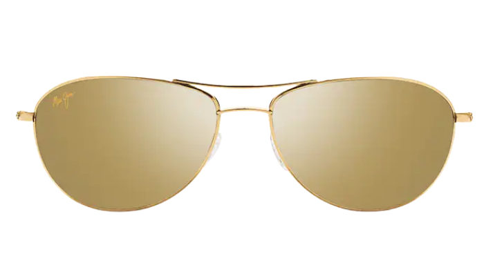 Gold aviator Maui Jim polarized sunglasses with reflective lenses on a white background