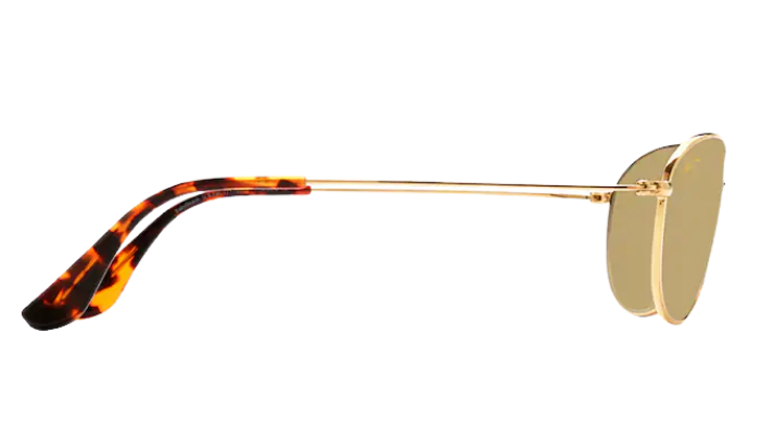 Gold aviator Maui Jim polarized sunglasses with reflective lenses on a white background