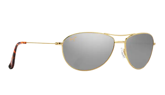 Maui Jim Gold-framed polarized sunglasses with reflective lenses on a white background
